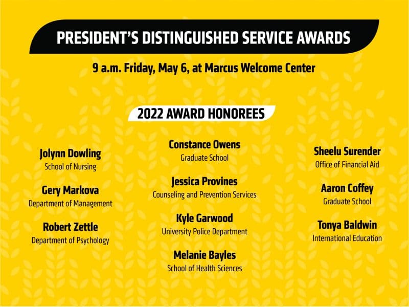 Yellow graphic image with text President’s Distinguished Service Awards 9 a.m. Friday, May 6 at Marcus Welcome Center|2022 Award Honorees Jolynn Dowling, School of Nursing| Gery Markova, Department of Management| Robert Zettle, Department of Psychology| Constance Owens, Graduate School| Jessica Provines, Counseling and Prevention Services | Kyle Garwood, University Police Department | Melanie Bayles, School of Health Science |Sheelu Surender, Office of Financial Aid | Aaron Coffey, Graduate School |Tonya Baldwin, International Education.