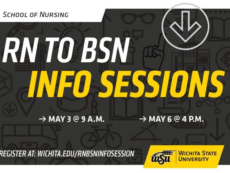 Alt text: School of Nursing RN to BSN Info Sessions May 3 at 9 a.m. May 6 at 4 p.m. Register at wichita.edu/rnbsninfosession