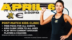 Shocker Women's Tennis hosting post-match Kids' Clinic on Wednesday, April 6. Match versus Emporia State at 3 PM with free Kids' Clinic and pizza party after the match.