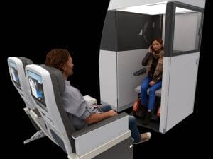 Digital mockup of fly your own Wheels Suite concept featuring a seated man and a women in the suite.