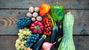 Image of produce on wooden table.