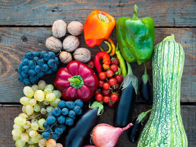 Image of produce on wooden table.