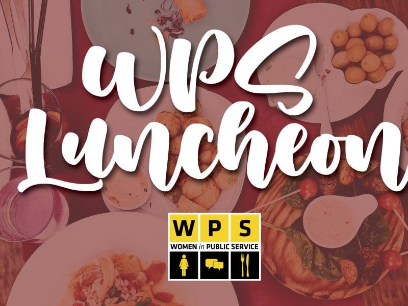 WPS Luncheon superimposed over plates of food and WPS logo.