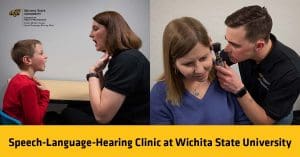 Speech-Language Pathologist works with a child and an Audiologist performs a hearing exam on a client.