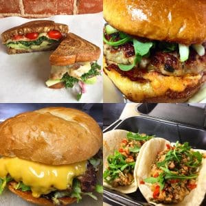 Tile image of sandwich, 2 burgers and two tacos.