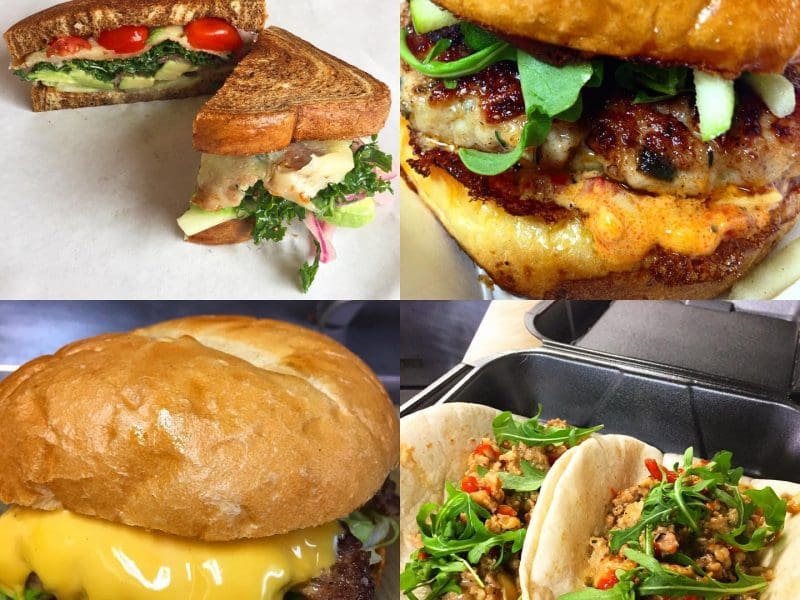 Tile image of sandwich, 2 burgers and two tacos.
