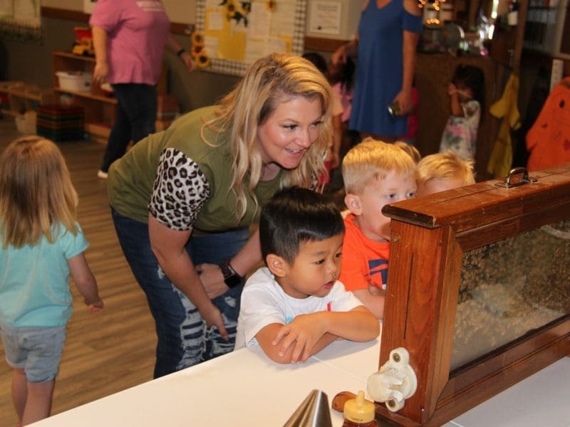 Photo of teacher and young children playing at WSU's CDC.