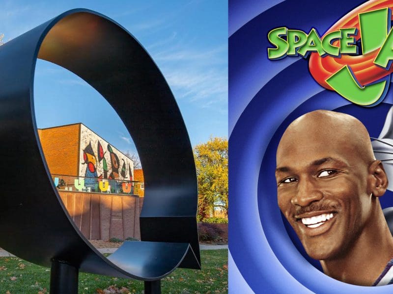 An image featuring the Ulrich's outdoor sculpture "Ernest & Ruth," alongside an image of the animated movie, 'Space Jam.'
