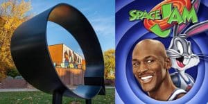 An image featuring the Ulrich's outdoor sculpture "Ernest & Ruth," alongside an image of the animated movie, 'Space Jam.'