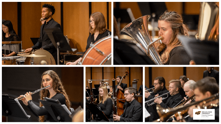 Layout image of WSU bands performing.