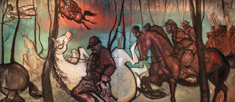 Image of painting Chaz Guest, The Tenth, 2019. Oil paint and ink on linen, 84 x 192 in. Collection of the Ulrich Museum of Art, Gift of Ms. Feng Jianhua through Night Gallery, Los Angeles and Museum Exchange.