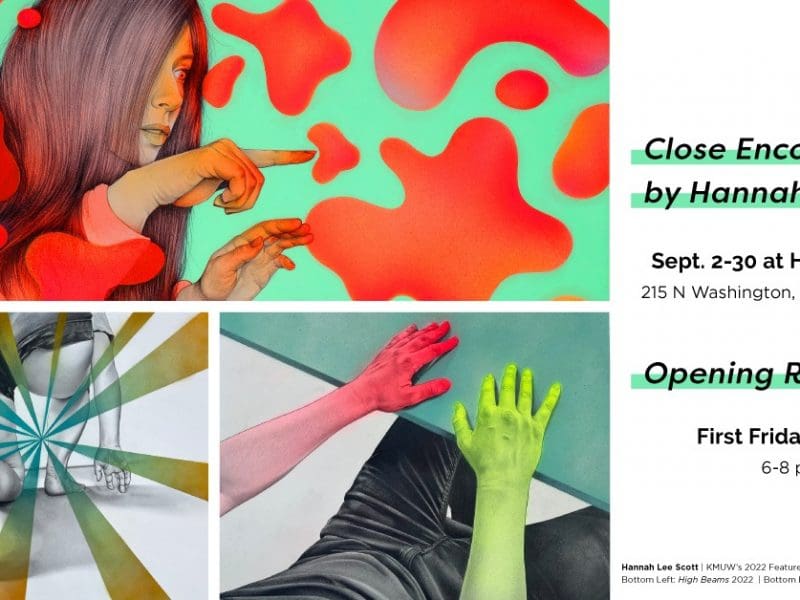 Close Encounters by Hannah Lee Scott. Sept. 2-30 at Harvester Arts 215 Washington N, Wichita, KS 67202. Opening Reception First Friday, Sept. 2 6-8 p.m. Top: "Curious Intruders", 2022, Graphite and spray paint on paper Bottom Left: "High Beams", 2022, Graphite and spray paint on paper Bottom Right: "How to Proceed", 2022, Graphite and spray paint on paper.