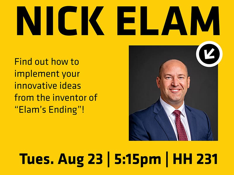 Illustration featuring headshot of Nick Elam, Text Nick Elam, Nick Elam, educator and inventor of the Elam Ending for basketball, will speak at Wichita State at 5:15 p.m. tonight, Aug. 23 at 231 Hubbard Hall. The event is free and open to the public., Tuesday, Aug. 23 5:15 p.m. HH 231.