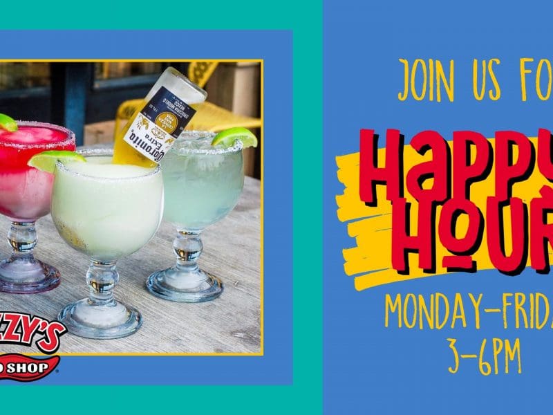Picture of three drinks in large classes with text Join us for Happy Hour at Fuzzy's! 1/2 priced drinks from 3-6 pm Monday-Friday!