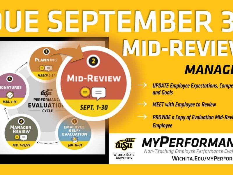 Mid-Review Sept. 1-30 - Managers, Update Employee Expectations, Competencies, and Goals. Meet with Employee to Review. Provide a Copy of Evaluation Mid-Review to Employee. - myPerformance: Non-Teaching Employee Performance Evaluations. wichita.edu/myPerformance.