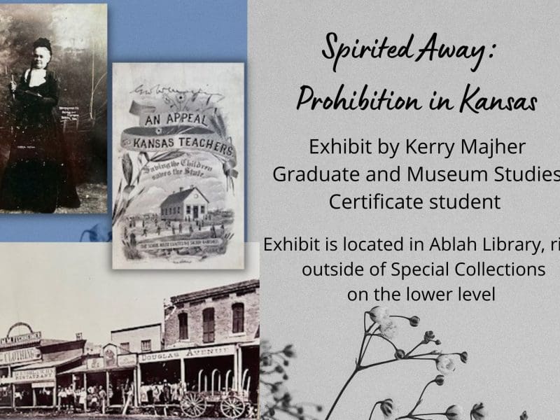 The photo in the top left is of Carrie Nation in her traditional black dress. The photo to the right is a poster that says "Appeal to Kansas Teachers" The bottom photo on the right is of Wichita in the early 1900s.