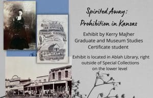 The photo in the top left is of Carrie Nation in her traditional black dress. The photo to the right is a poster that says "Appeal to Kansas Teachers" The bottom photo on the right is of Wichita in the early 1900s.