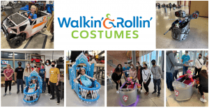 Layout image featuring Photos from previous costumes build by Walkin' & Rollin' and text Walkin' & Rollin' costumes on top.