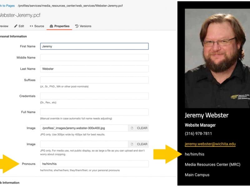 Visual showing location of the new pronouns field and the final result in WSU Profiles