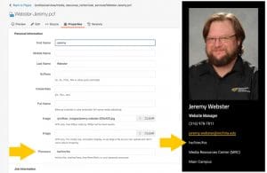 Visual showing location of the new pronouns field and the final result in WSU Profiles