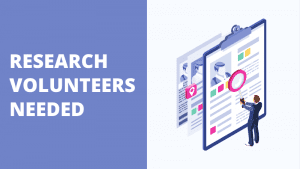 Image of laptop with text Research Volunteers Needed.