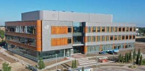 Drone image of exterior of Woolsey Hall building.