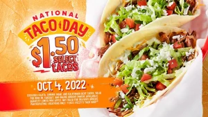 National Taco Day is on the 4th of October and you are invited to Fuzzy's Taco Shop for $1.50 Tacos.