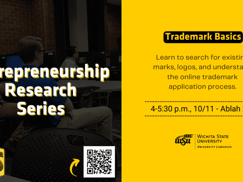 The next Entrepreneurship Research Series will take place 4-5:30 p.m. Oct. 11 at 217  Ablah Library. Come and discover the difference between a trademark, service mark and registered mark. Then, learn how to search for existing marks and logos and walk through the online trademark application process.