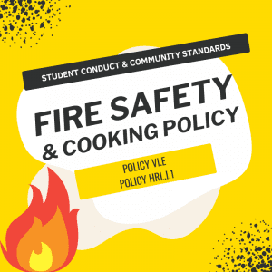 Image featuring text SCCS Fire and Safety Cooking Policy, Policy VI.E, Policy HRL.I.1 and illustration of a tiny flame below font.
