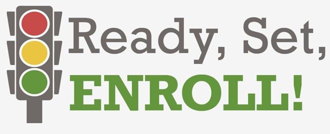 Image of traffice lights and text REady, Set, Enroll!