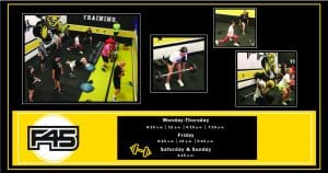 Image of a layout of students doing F45 workouts and text F45 Monday-Thursday 6:15 a.m., 12:00 p.m., 5:15 p.m., 7:15 p.m. Friday 6:15 a.m., 12:00 p.m., 5:15 p.m. Saturday and Sunday 1:15 p.m.