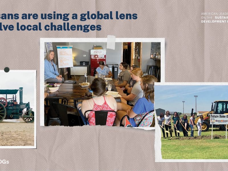 Three images laid out featuring a conductor on the front of a train, six students gathered around a table listening to an instructor, CEI members peforming a ground breaking in front of a tractor and textKansans are using a global lens to solve local challenges #USAforSDGs