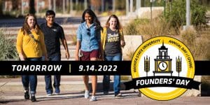 Image of students walking and text tomorrow 9.14.2022, logo with text Wichita State University Annual Day of Giving Founders' Day.