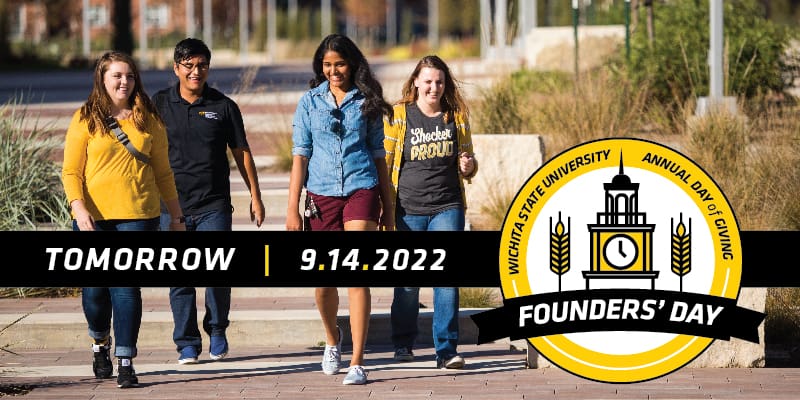 Image of students walking and text tomorrow 9.14.2022, logo with text Wichita State University Annual Day of Giving Founders' Day.
