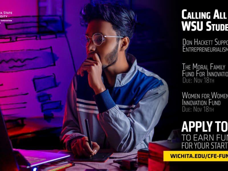 Image of person using a drawing tablet and a computer overlaid with imagery of website mockups. "Calling All WSU Students: Don Hackett Support for Entrepreneurialism Fund. The Moral Family Fund for Innovation; Due: Nov 18th. Women for Women Innovation Fund; Due: Nov 18th. Apply today! To earn funding for your startup idea. wichita.edu/cfe-funding"