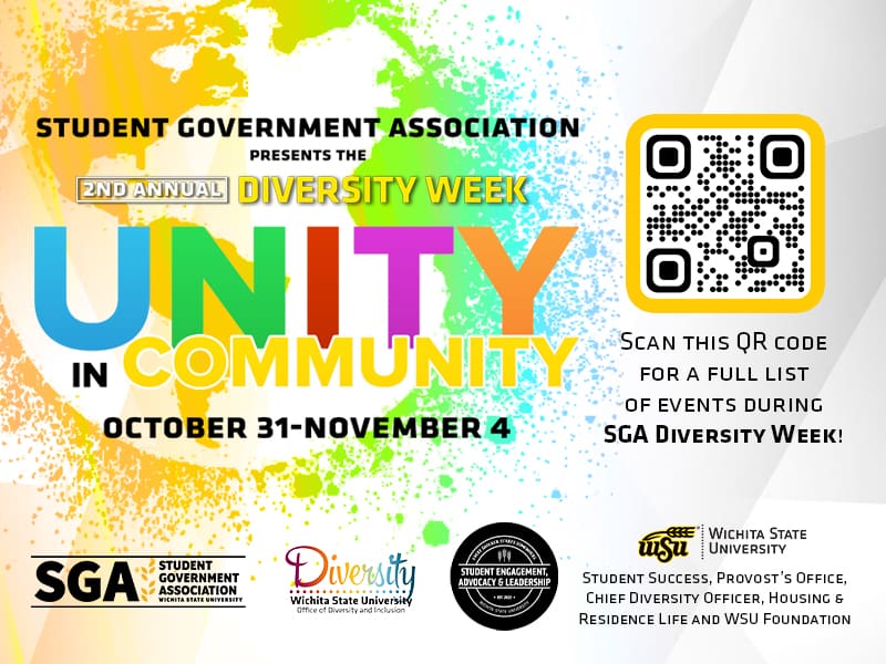 Student Government Association presents the 2nd annual Diversity Week: Unity in Community | October 31 - November 4 | Scan this QR code for a full list of events during SGA Diversity Week!