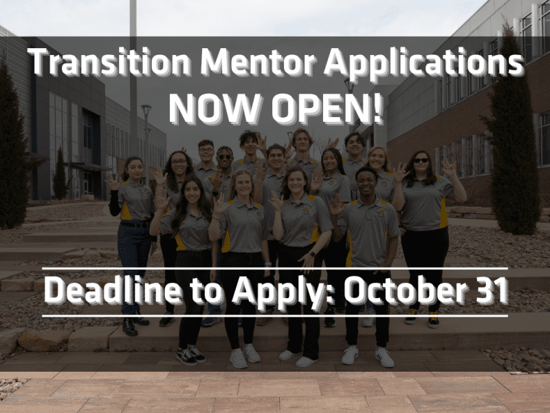 Image of student posing for group photo text Transition Mentor applications are now open. The deadline to apply is October 31.