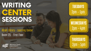 Writing Center Sessions Ablah Library - Learning Center Room 125 - First Floor Tuesdays 2pm - 5pm Wednesdays 2pm - 4pm Thursdays 2pm - 5pm