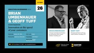 October 26: Executive-In-Residence Duet Brian Umbenhauer and Geoff Tuff will provide the keynote presentation titled Innovation at the speed of your customers. Where: Woolsey Hall Auditorium 110A/110B. Brian Umbenhauer is a principal and industrial products and construction sector leader at Deloitte Consulint LLP. Geoff Tuff is a principal and future of energy leader at Deloitte Consulting LLP. When: Wednesday, October 26, 2022. Doors open 5:15 pm, presentation from 5:30 to 6:30 pm, and meet and greet from 6:30 pm in the Woolsey Hall Atrium. RSVP by October 17th, 2022 by emailing jenn.lopez@wichita.edu.