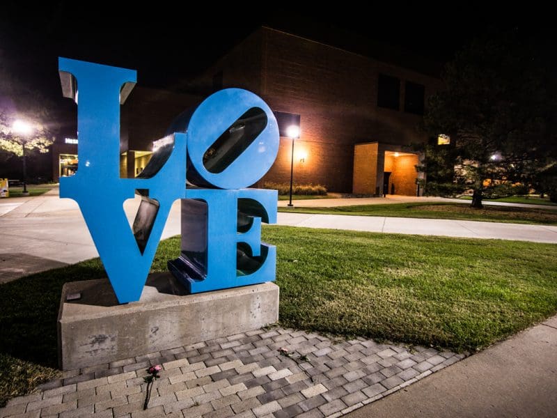Image of Love Statue located on WSU's main campus at night.
