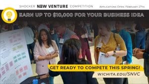 People meandering between competitor booths at the SNVC Trade Show. "Shocker New Venture Competition. Applications Open: February 27th. Earn up to $10,000 for your business idea. Get ready to compete this spring!"