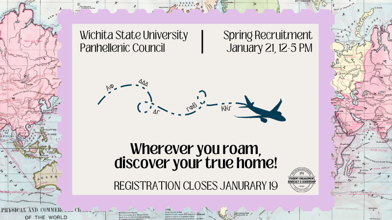 Postcard that reads Wichita State University Panhellenic Council, Spring Recruitment January 21, 12-5 pm, Wherever you roam, discover your true home!, Registration closes January 19.