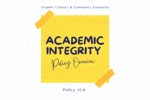 Yellow sticky note on white background with the text, "Student Conduct and Community Standards. Academic Integrity Policy Overview. Policy VI.A"