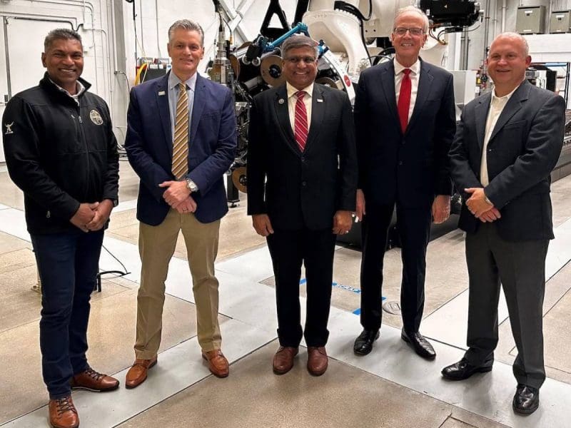 A photo of Sethuraman Panchanathan, National Science Foundation director, with President Rick Muma, U.S. Senator Jerry Moran, Waruna Seneviratne, ATLAS direct, and John Tomblin, senior vice president for Industry and Defense Programs and NIAR executive director.