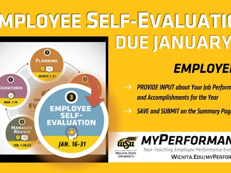 Graphic of myPerformance evaluation cycle emphasizing the Self-Evalution step. Employee Self-Evaluation due Jan. 31. Provide input about your job perfomance and accomplishments for the year. Save and submit on the summary page. wichita.edu/myperformance