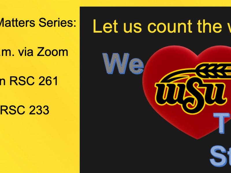 Join us for Teaching Matters Series: February 3 at 11:30 am via Zoom, March 3 at 11:30 am in RSC 261, and April 7 at 11:30 am in RSC 233, "Let us count the ways we love transfer students" with heart and WSU logo.