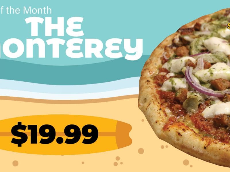 Graphic with a photo of the pizza and the text, "Pizza of the Month, The Monterey. $19.99" and the Shocker Sports Grill and Lanes logo.