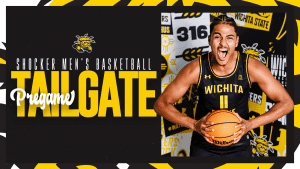 Photo of Kenny Pohto of the men's basketball team with the text, "Shocker Men's Basketball Pregame Tailgate."