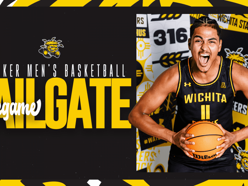 Photo of Kenny Pohto of the men's basketball team with the text, "Shocker Men's Basketball Pregame Tailgate."