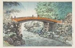An image of "Sacred Bridge at Nikko" by Tsuchiya Koitsu. 1939, woodcut on Japanese paper. Gift of Phyllis A. and Richard H. King, Jr.